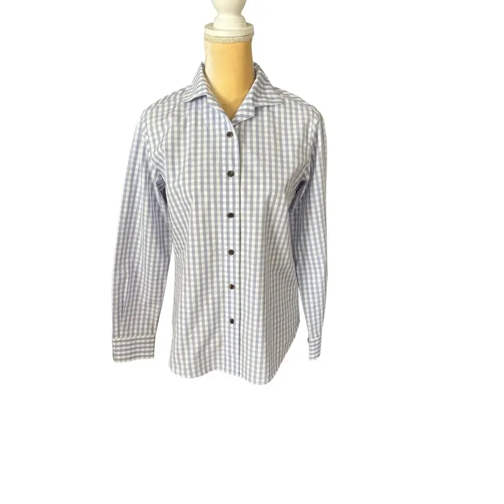 Lafayette 148 New York Poplin Button Up Shirt Blue Gingham Check Size XS FLAW